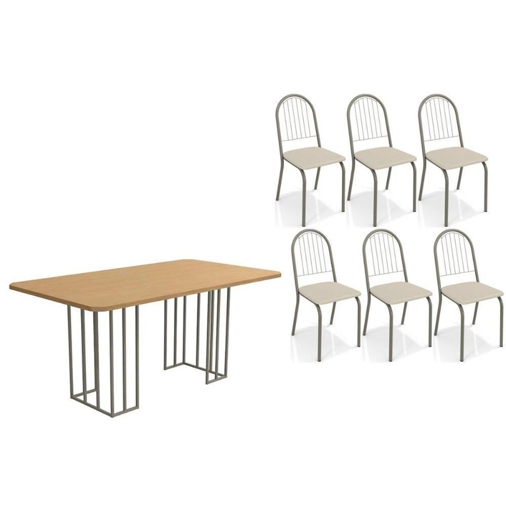 Conjunto Mesa De Cozinha Duina Com Tampo De Madeira 160cm E 6 Cadeiras Noruega Niquel Freijó Courano Bege Kappesberg - 1