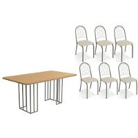 Conjunto Mesa De Cozinha Duina Com Tampo De Madeira 160cm E 6 Cadeiras Noruega Niquel Freijó Courano Bege Kappesberg - 1