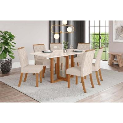 Conjunto Mesa De Cozinha Natalí Com Tampo Madeirado Com Vidro Reto 160x90cm E 6 Cadeiras Vita Nature Linho Henn