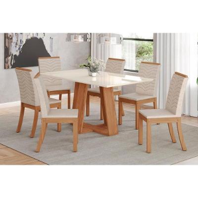 Conjunto Mesa De Cozinha Lins Sc91 Tampo Madeirado Com Vidro Canto Reto 120x80cm E 6 Cadeiras Isa Nature Linho Henn