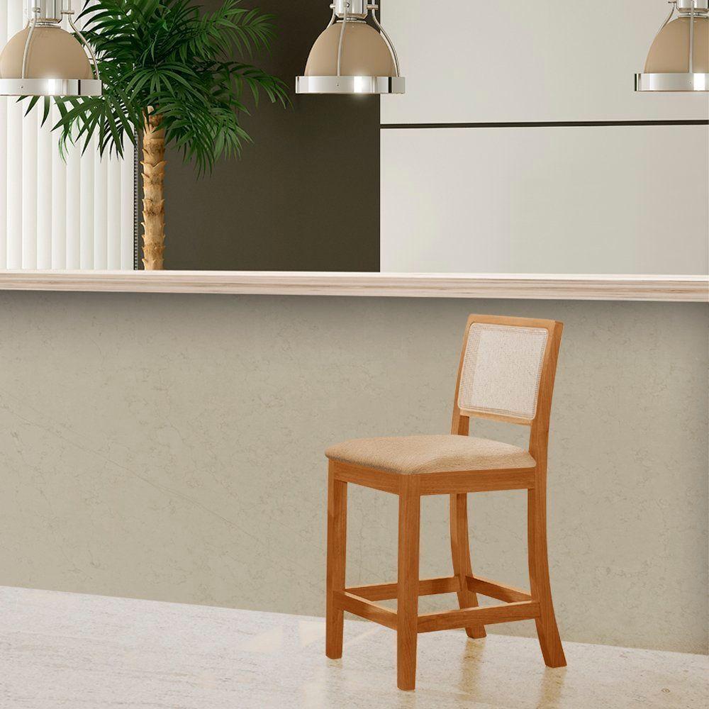 Kit 2 Banquetas Altas Em Tela Sextavadas Assento Estofado Linho Bege Rubi Madeira Maciça Mel - 2