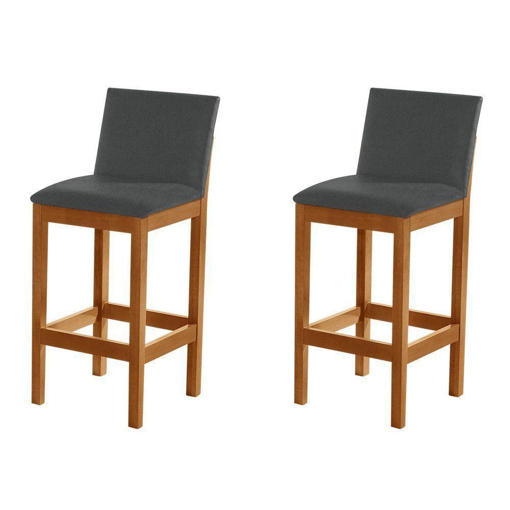 Kit 2 Banquetas Alta Pérola Com Encosto Estofada Em Veludo Cinza Madeira Maciça Castanho - 1