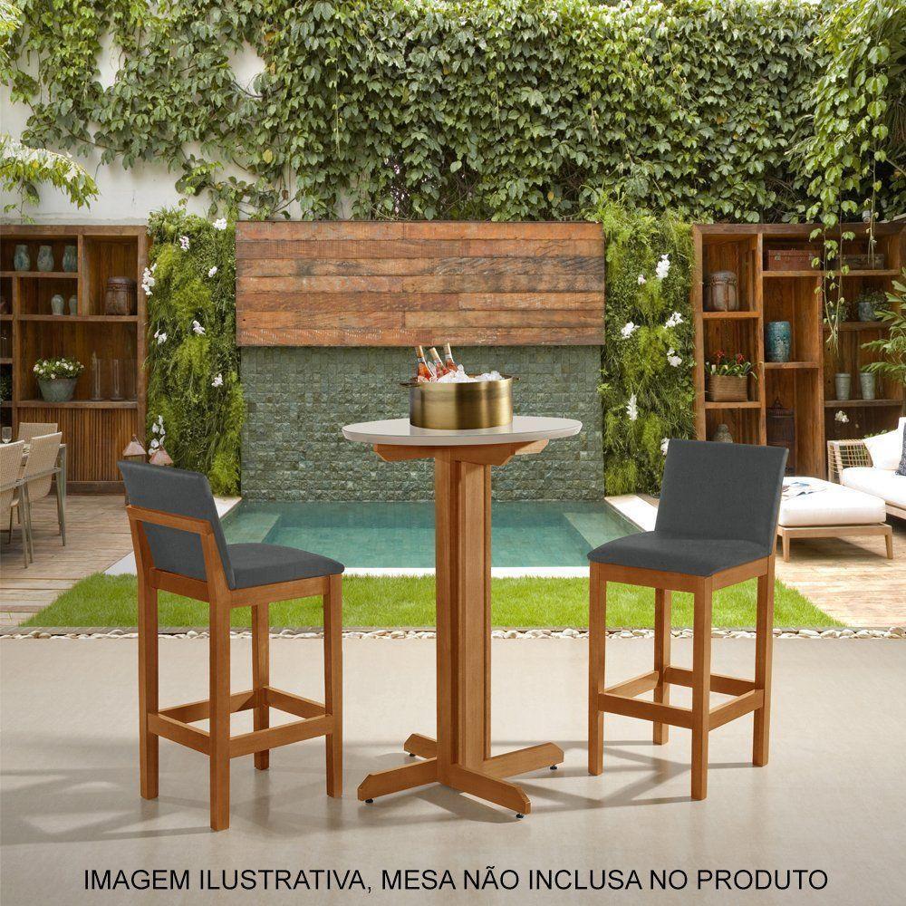 Kit 2 Banquetas Alta Pérola Com Encosto Estofada Em Veludo Cinza Madeira Maciça Castanho - 3