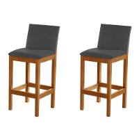 Kit 2 Banquetas Alta Pérola Com Encosto Estofada Em Veludo Cinza Madeira Maciça Castanho - 1