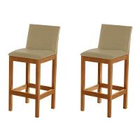 Kit 2 Banquetas Alta Pérola Com Encosto Estofada Em Veludo Bege Madeira Maciça Castanho - 2