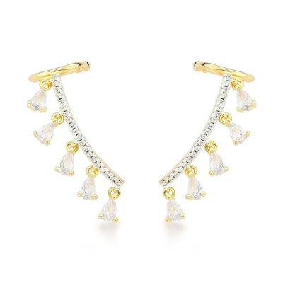 Brincos Earcuff Banhados A Ouro 18k Com Elegantes Zircônias Cristais Pendentes