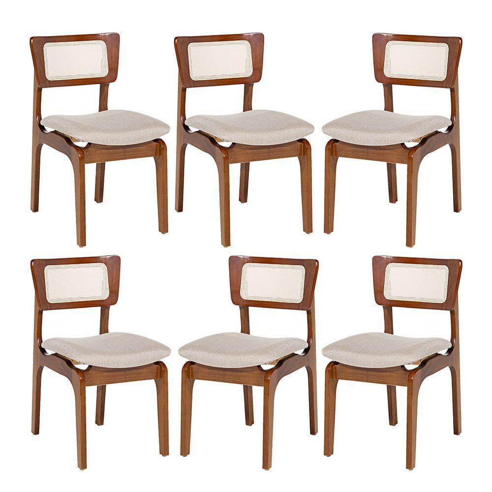 Kit 6 Cadeiras De Jantar Portugal Em Madeira Imbuia Encosto Tela Rattan Linho Bege M58 - 1