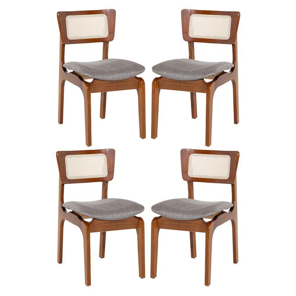Kit 4 Cadeiras De Jantar Portugal Madeira Imbuia Com Encosto Tela Rattan Linho Cinza L55 - 1