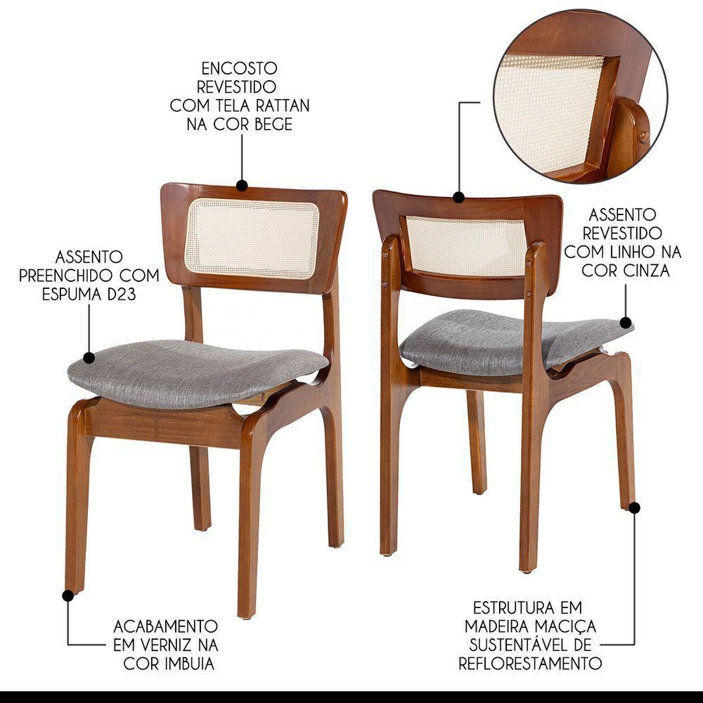 Kit 4 Cadeiras De Jantar Portugal Madeira Imbuia Com Encosto Tela Rattan Linho Cinza L55 - 2