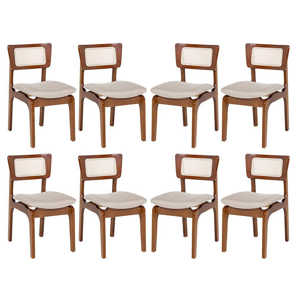 Kit 8 Cadeiras De Jantar Portugal Em Madeira Imbuia Encosto Tela Rattan Linho Bege M58 - 1