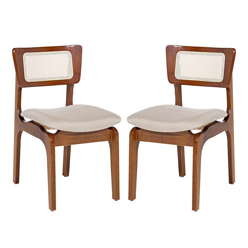Kit 2 Cadeiras De Jantar Portugal Em Madeira Imbuia Encosto Tela Rattan Linho Bege M58 - 1