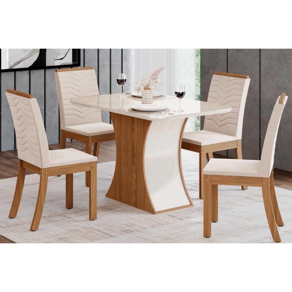 Conjunto Mesa Sala Jantar Luiza Com Tampo De Vidro 120x80cm E 4 Cadeiras Isa Nature Off White Linho Bege Henn - 1