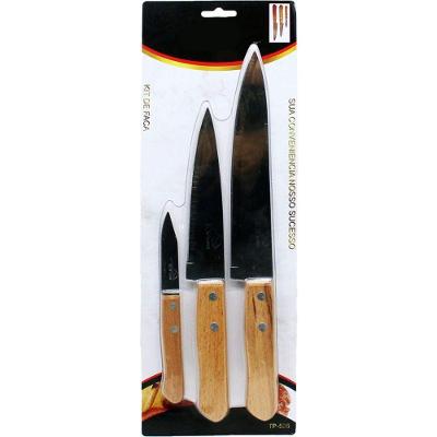 Kit Jogo Faqueiro Facas Cozinha Churrasco Cabo Madeira 3 Peças