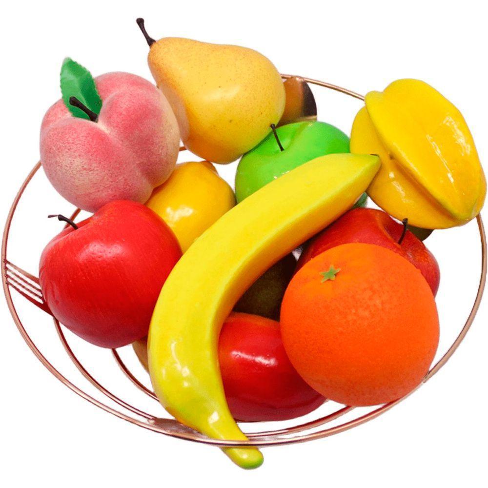 Kit Fruteira Frutas Artificial Isopor E Cesta Inox Rose Gold - 1
