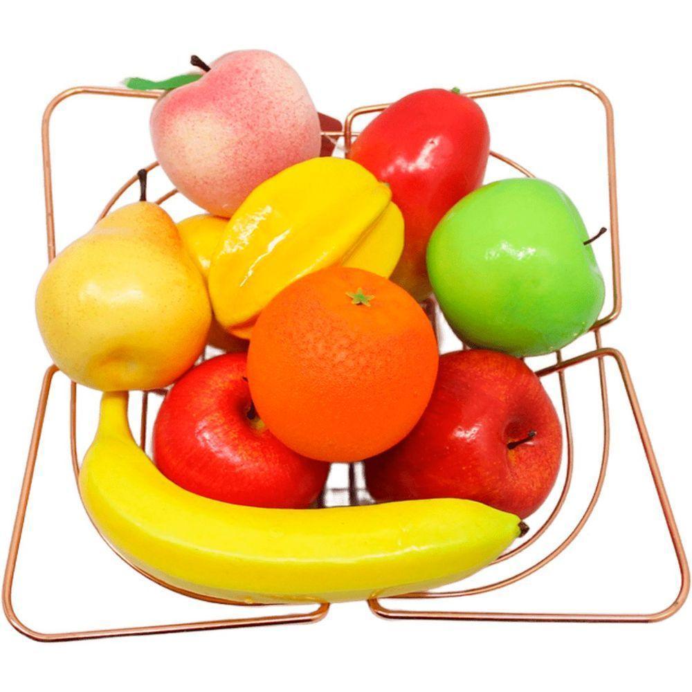 Kit Fruteira Frutas Artificial Isopor E Cesta Rose Gold Inox - 4