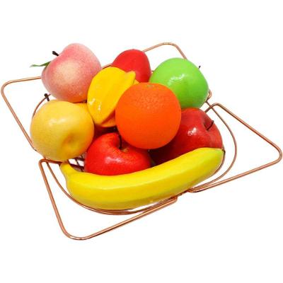 Kit Fruteira Frutas Artificial Isopor E Cesta Rose Gold Inox