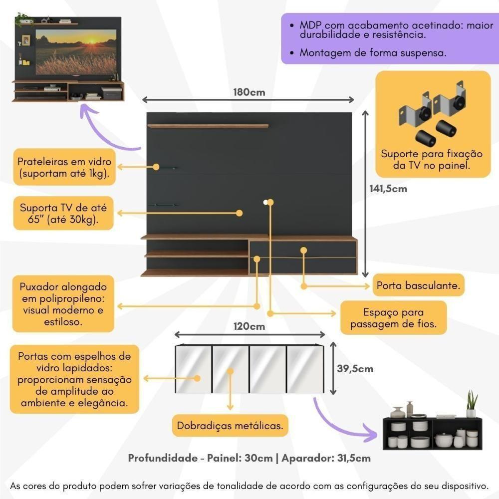 Painel Com Suporte Para TV Até 65 Polegadas Com Aparador 4 Portas Com Espelho Multimóveis MP1089 Rustic Preto - 2