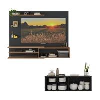 Painel Com Suporte Para TV Até 65 Polegadas Com Aparador 4 Portas Com Espelho Multimóveis MP1089 Rustic Preto