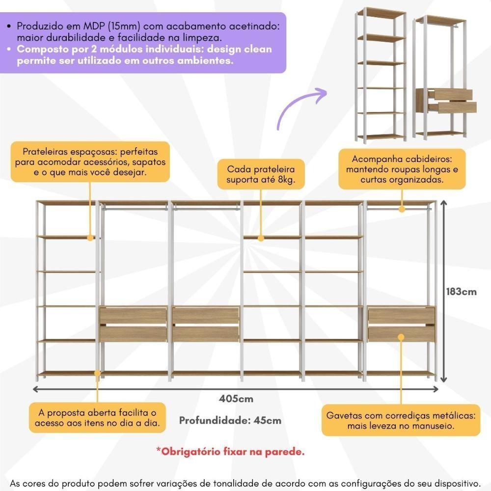 Guarda Roupas Closet Modulado 405cm 6 Peças Com 6 Gavetas E Cabideiros Multimóveis MP4322 Branco Madeirado - 3