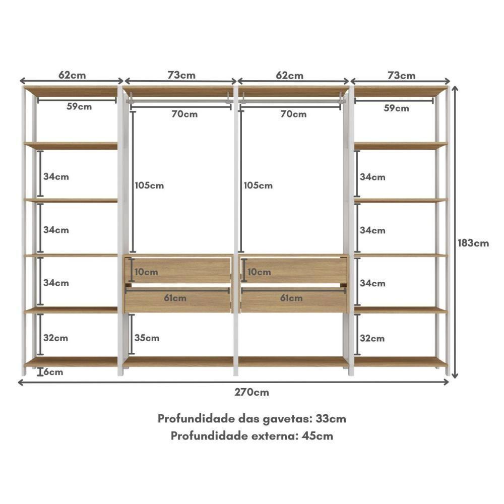 Guarda Roupas Closet Modulado 270cm 4 Peças Com 4 Gavetas E Cabideiros Multimóveis MP4321 Branco Madeirado - 7