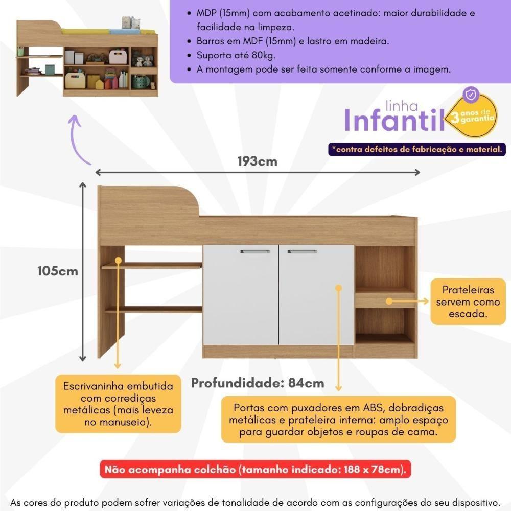 Cama Solteiro Multifuncional Para Colchão 188 X 78cm Com 2 Portas E Escrivaninha Multimóveis MP4234 Rustic Branco - 3