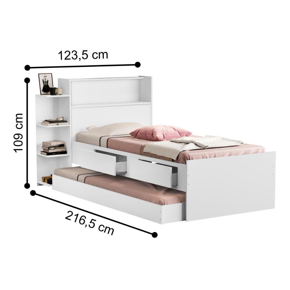 Cama Com Auxiliar Solteiro Gavetas E Baú Branco - 3