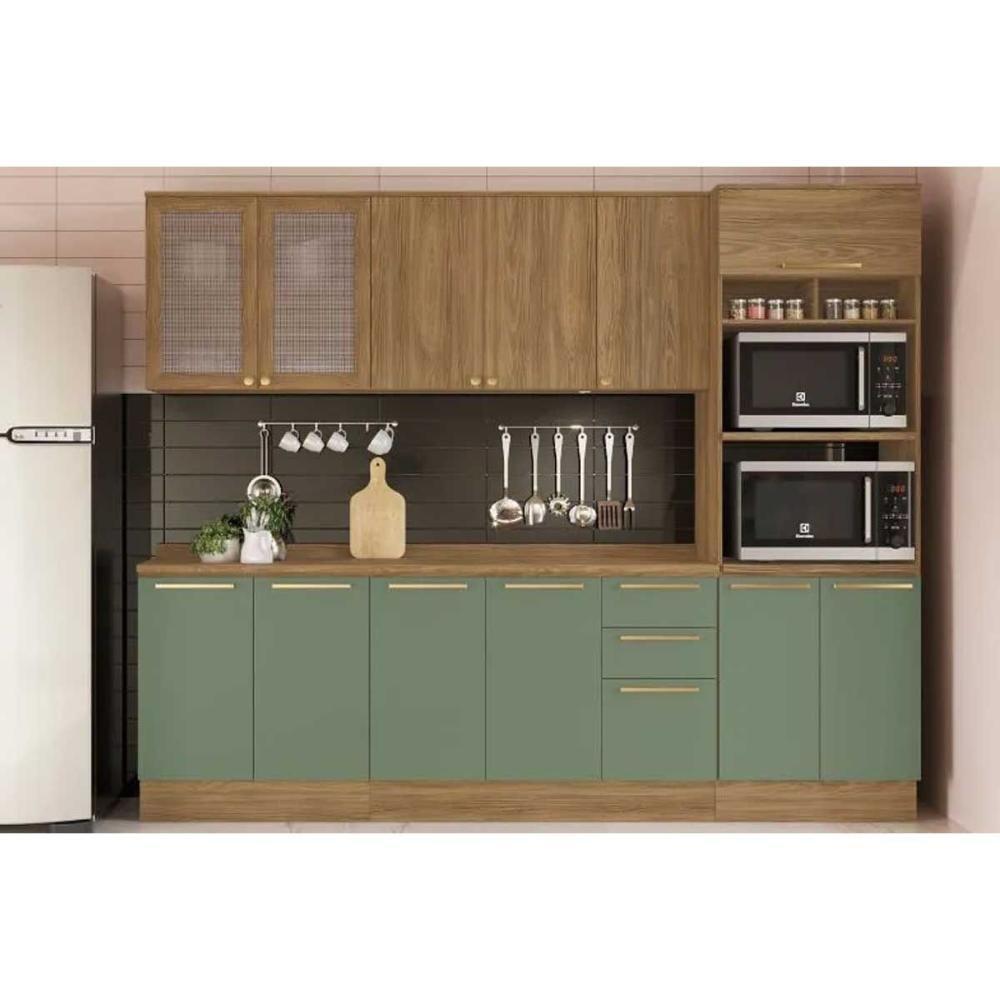 Cozinha Completa Botanic 7 Peças 2 Aéreos 2 Balcões 1 Paneleiro 2 Complementos C7p36 Nogueira Verde - 1