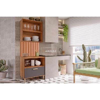 Cozinha Completa Bella 3 Peças Sem Portas 1 Aéreo 1 Balcão 1 Painel Ripado 80cm Freijó Titanium