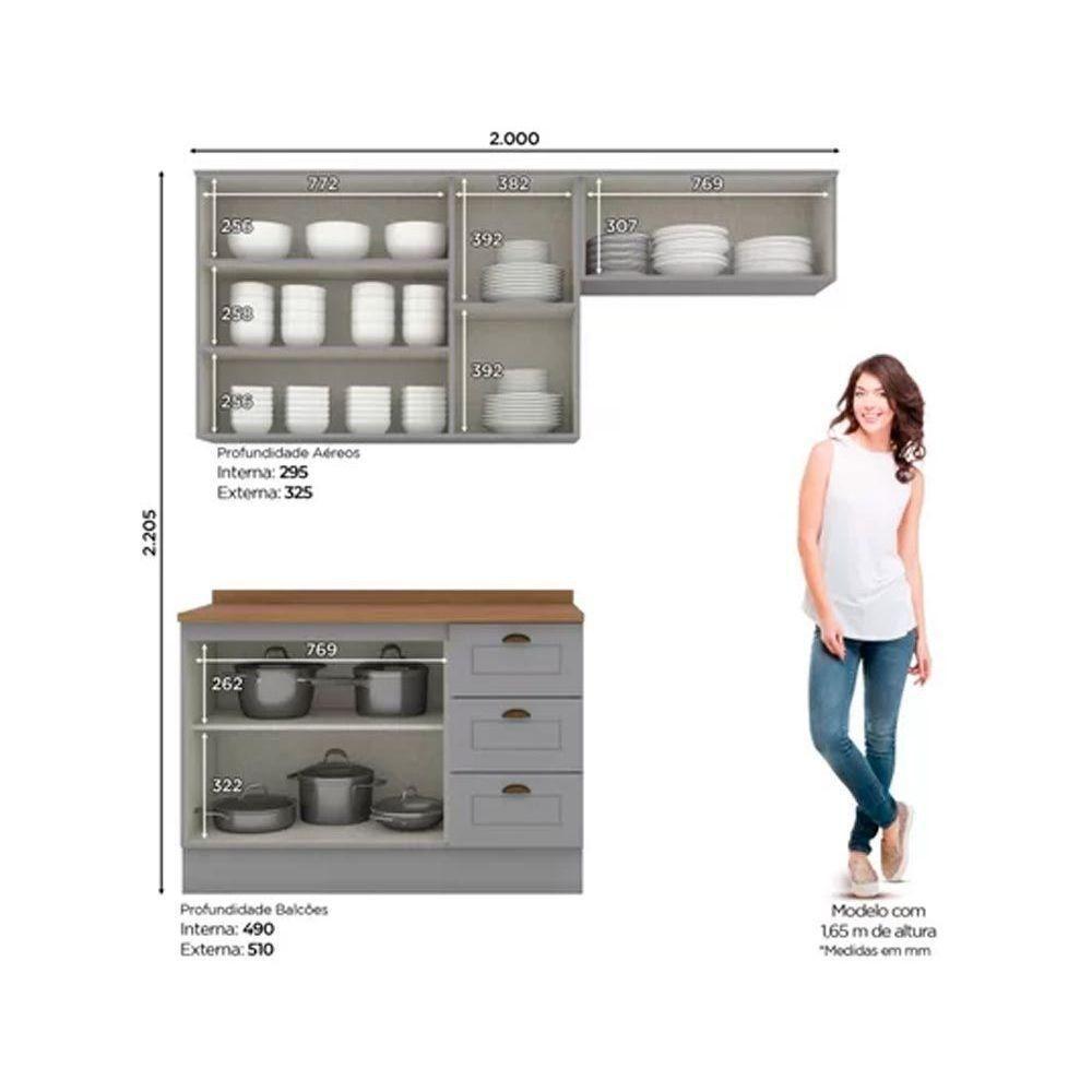 Cozinha Completa 4 Peças Americana 2 Aéreos 1 Balcão 1 Complemento Cz149 Cinza - 4