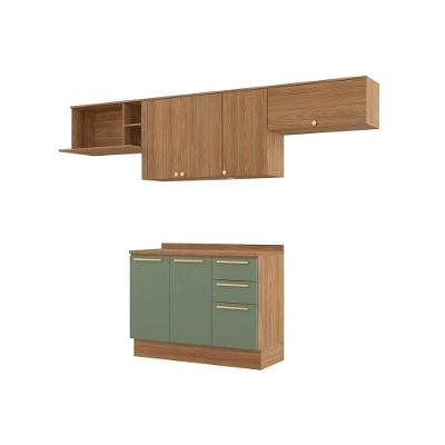 Cozinha Completa Botanic M662 6 Portas 3 Gavetas em MDF 120cm Verde com Puxadores em Alumínio