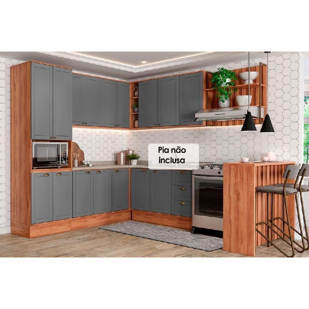 Cozinha Completa 9 Peças Bella 3 Aéreos 3 Balcões 1 Torre Quente 1 Ilha 1 Complemento C9p199 Nogal Cinza - 1