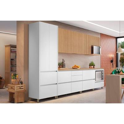 Cozinha Completa 7 Peças Rainha Gourmet 10 Portas 8 Gavetas MDF 120cm Branco com Paneleiro