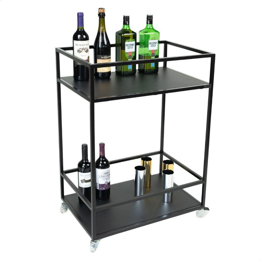 Carrinho Para Bebidas Estilo Industrial Preto Com Prateleiras Em Mdf Preto - 1