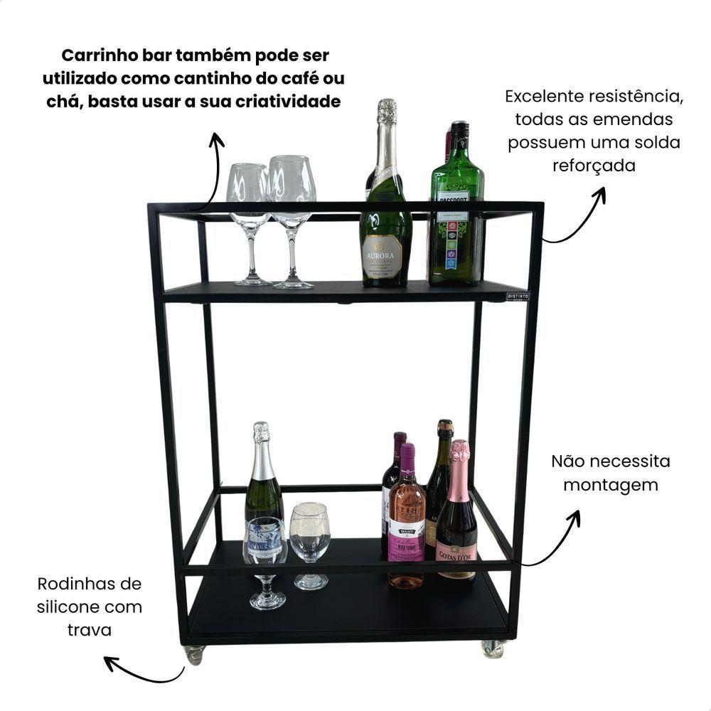 Carrinho Para Bebidas Estilo Industrial Preto Com Prateleiras Em Mdf Preto - 2