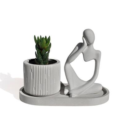 Conjunto Decorativo 3 Peças Estátua Pensadora Vaso Contemporâneo E Bandeja Cinza
