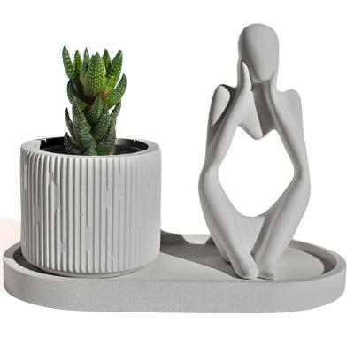 Conjunto Decorativo 3 Peças Estátua Pensadora Vaso Contemporâneo E Bandeja Cinza
