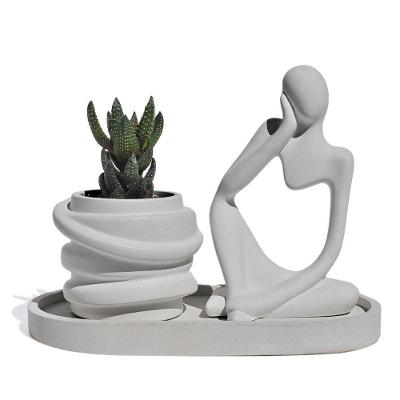 Conjunto Decorativo 3 Peças Estátua Pensadora Vaso Saturno Bandeja Cinza