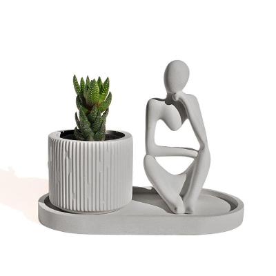 Conjunto Decorativo 3 Peças Estátua Pensadora Vaso Contemporâneo E Bandeja Cinza