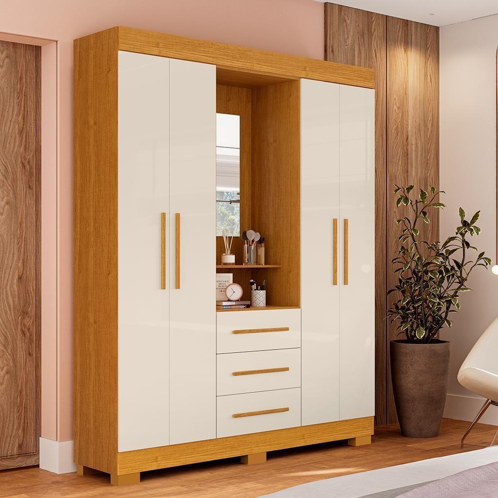 Guarda Roupa De Casal Mônaco Com Espelho 4 Porta Linhamobília Cinamomo Off White - 1