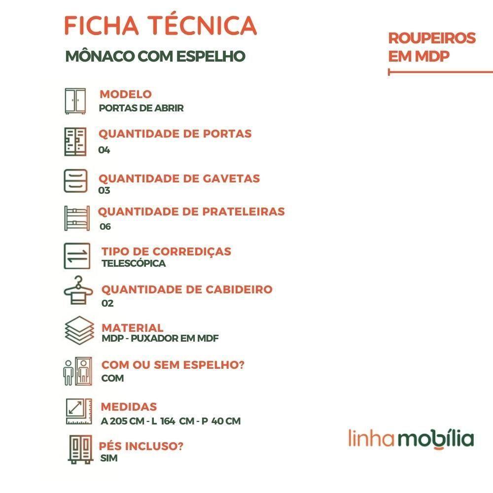 Guarda Roupa De Casal Mônaco Com Espelho 4 Porta Linhamobília Cinamomo - 6