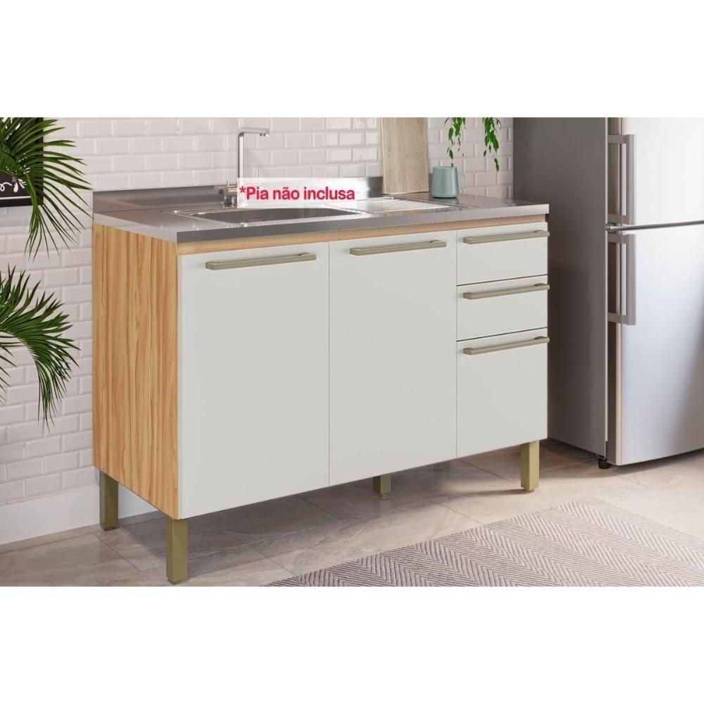 Módulo Cozinha Ronipa Nápoli Prime Balcão Para Pia 3 Portas E 2 Gavetas Sem Tampo 120cm Amendoa Off White Ronipa - 1