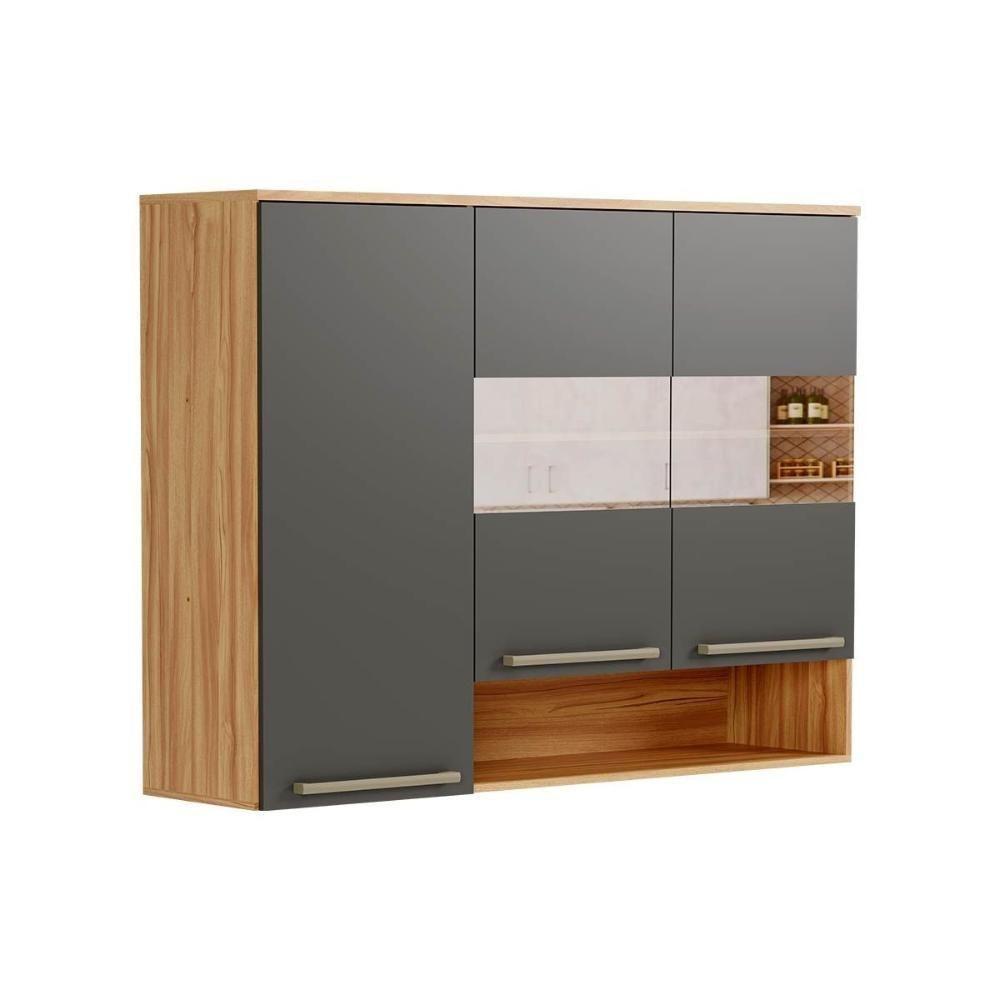 Módulo Cozinha Ronipa Nápoli Prime Armário Com 3 Portas 2 Com Vidro Reflecta 120cm Amendoa Grafite Ronipa - 1