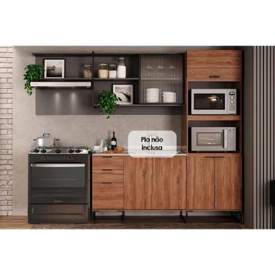 Cozinha Modulada Completa Alpha 6 Peças 1 Aéreo + Balcão + 1 Torre Quente+3complementos C6p80 Freijó Cinza