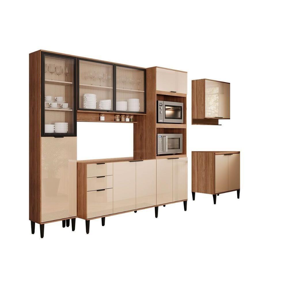 Cozinha Modulada Completa Alpha 6 Peças 2 Aéreos + 2 Balcões+ 1 Paneleiro + 1 Torre Quente C6p79 Freijó Off White - 2