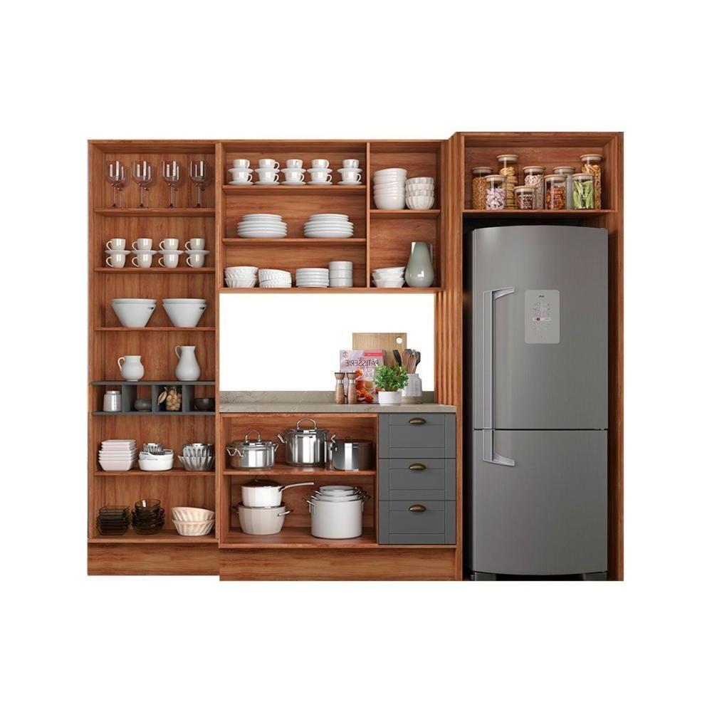 Cozinha Modulada Completa Bella 6 Peças 2 Aéreos + 1 Balcão+ Cristaleira + 2 Complementos C6p77 Nogal Cinza - 4