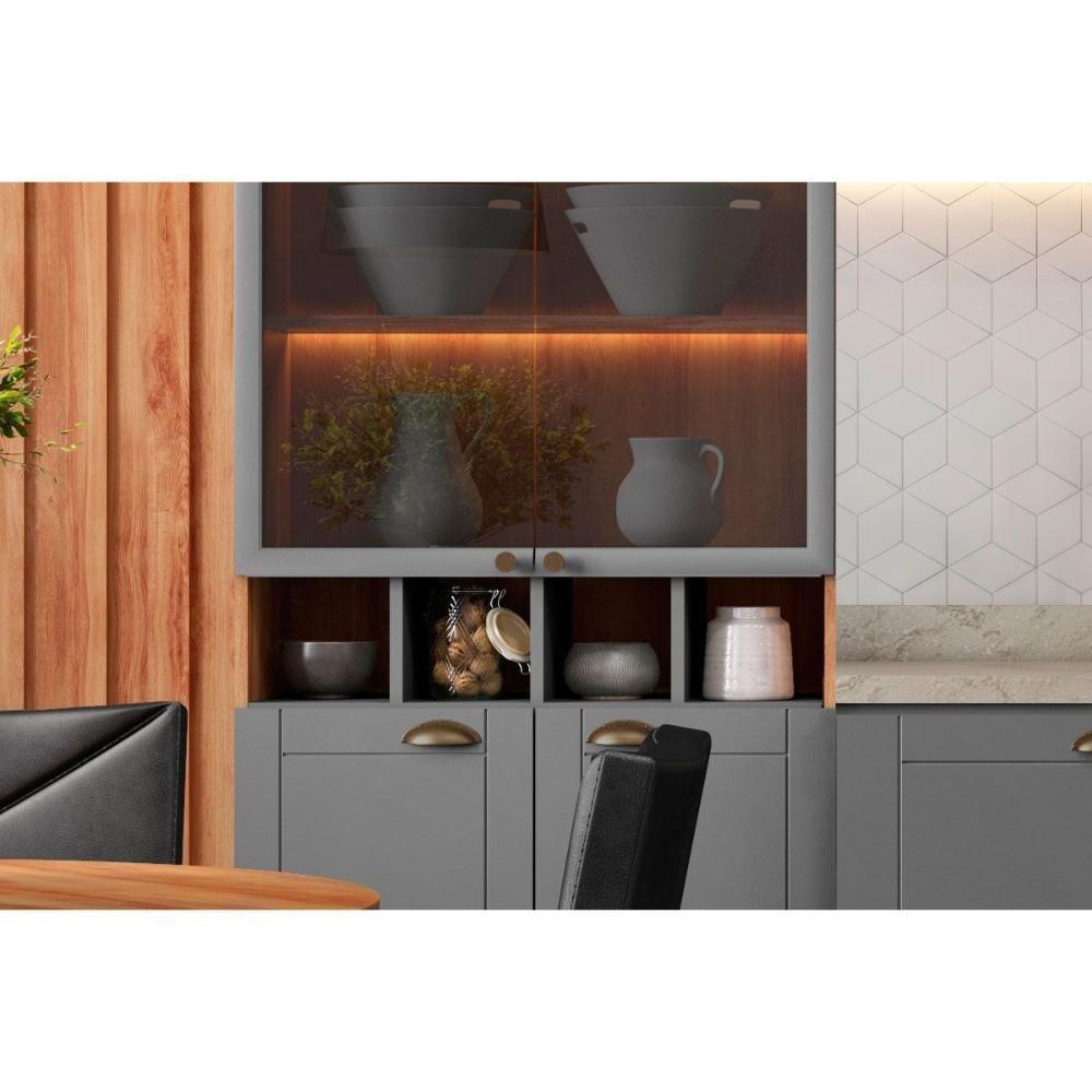 Cozinha Modulada Completa Bella 6 Peças 2 Aéreos + 1 Balcão+ Cristaleira + 2 Complementos C6p77 Nogal Cinza - 6