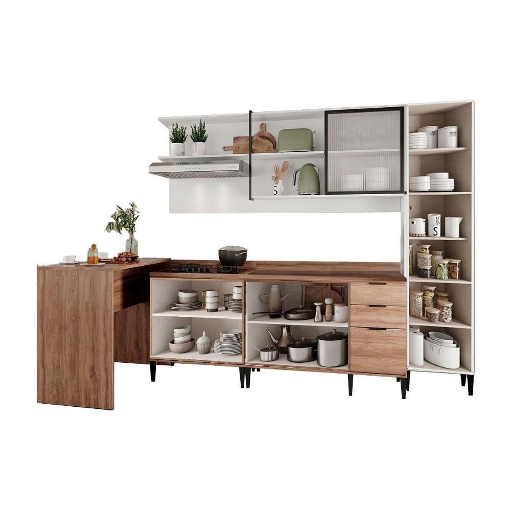 Cozinha Modulada Completa Alpha 5 Peças 1 Aéreo + 2 Balcões + 1 Paneleiro+1 Ilha C5p100 Freijó Branco - 3