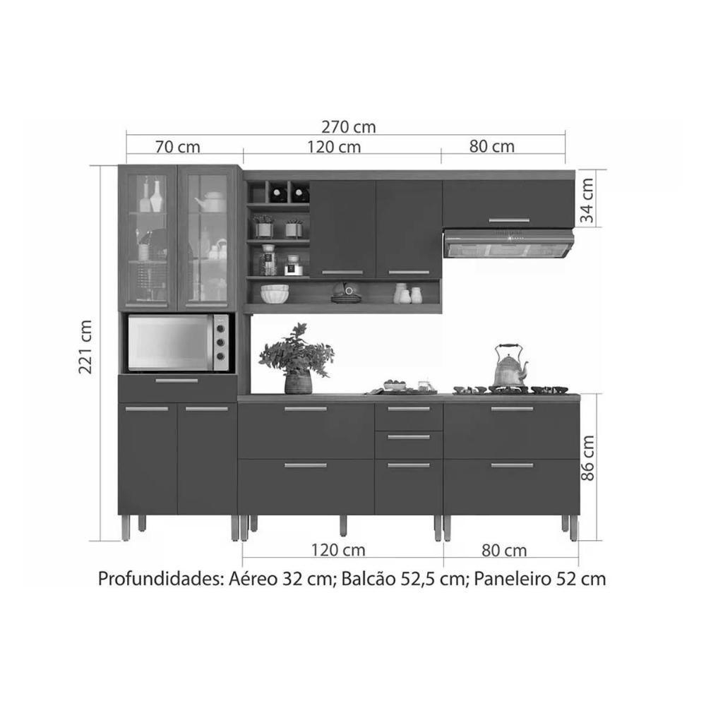 Cozinha Modulada Completa Burguesa Premium 5 Peças 2 Aéreos + 2 Balcões + 1 Paneleiro C6p56 Freijó Grafite - 5