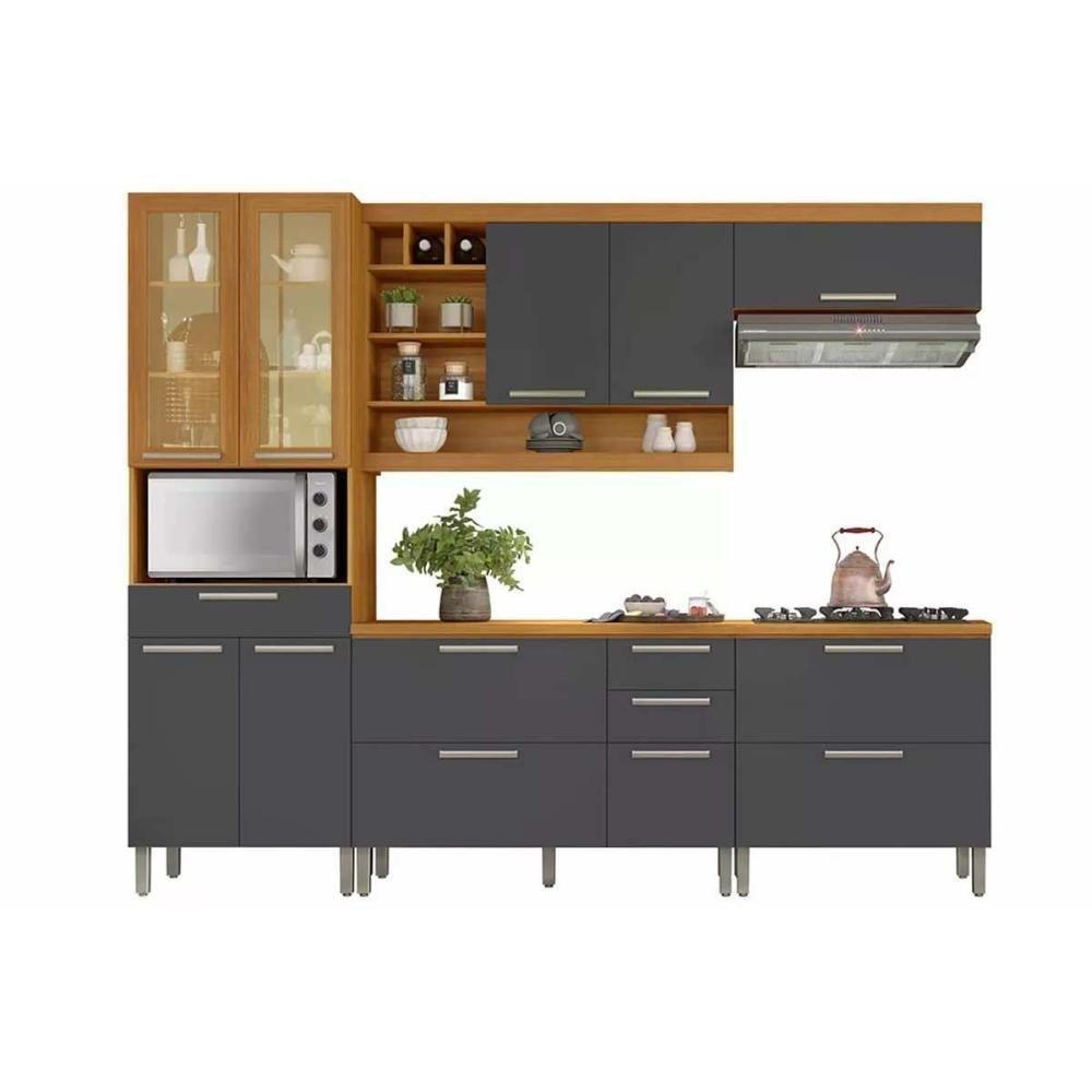 Cozinha Modulada Completa Burguesa Premium 5 Peças 2 Aéreos + 2 Balcões + 1 Paneleiro C6p56 Freijó Grafite - 7