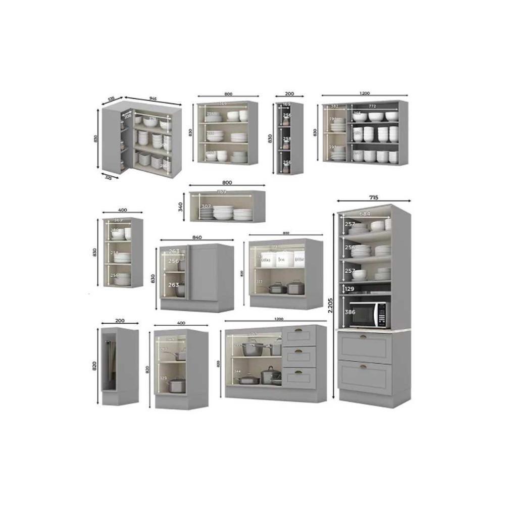 Cozinha Modulada Completa Americana 16 Peças 6aéreos+5balcões+ 1 Paneleiro +4complementos C5p33 Cinza - 4